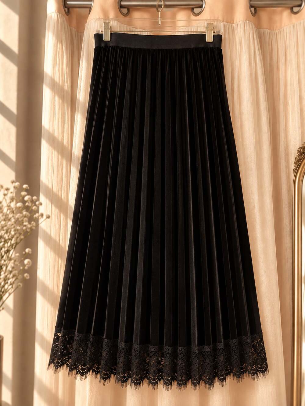 Unbranded Velvet Pleated Maxi Skirt Size 3XL Black Lace Trim High Waisted